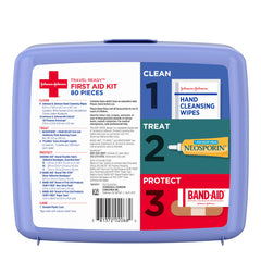 Band-Aid Travel Ready Portable Emergency First Aid Kit for Minor Wound Care with Assorted Adhesive Bandages, Gauze Pads & More, Ideal for Travel, Car & On-The-Go, 80 pc