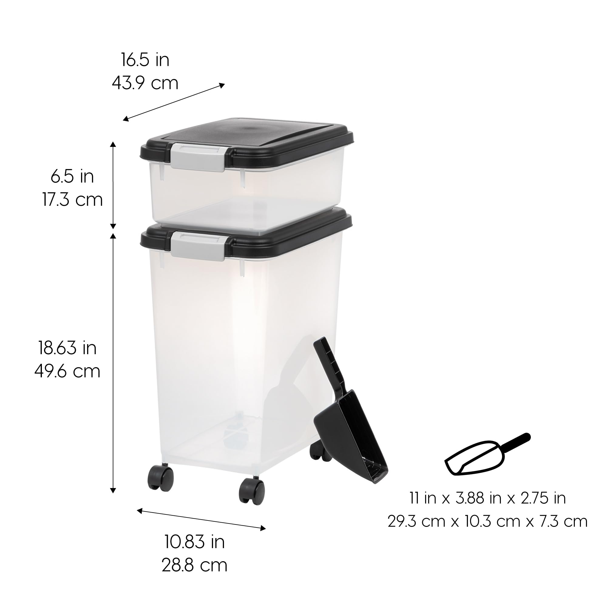 IRIS USA Dog Food Storage Container, 30 lbs & 11 lbs Combo, Cat Food Storage Container, Dog Treat Container, Airtight, Stackable, 2-Cup Scoop, Wheels, Easy Mobility, Black