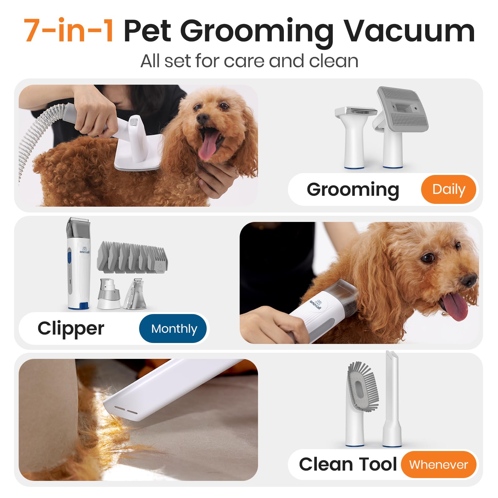 oneisall Dog Grooming Vacuum, Pet Grooming Vacuum with Clipper Nail Grinder, 1.5L Dust Cup Dog deshedding Vacuum Brush with 7 Pet Grooming Tools for Shedding Pet Hair, Home Cleaning