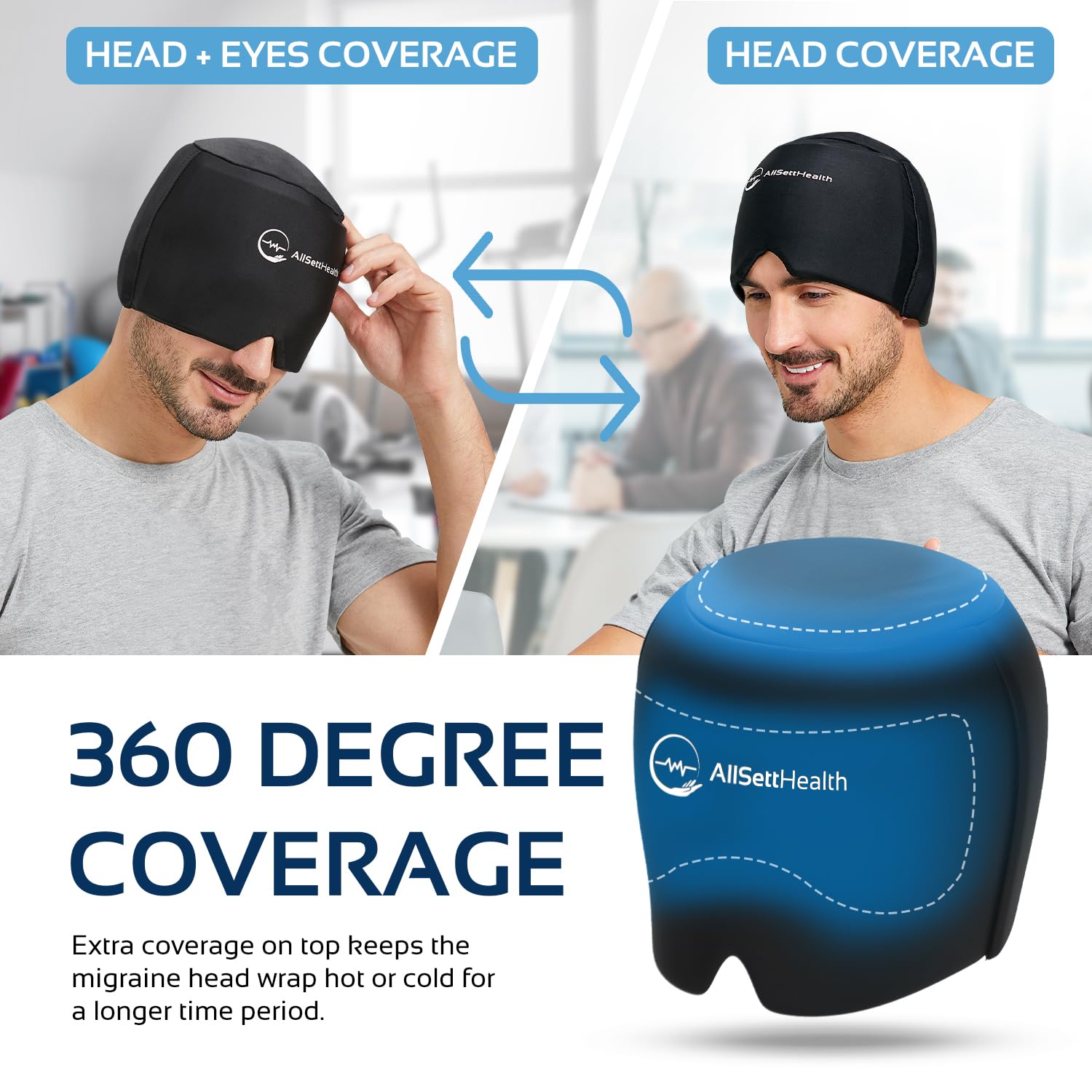 Migraine Relief Cap Ice Head Wrap and Hat | Hot/Cold Gel Pack With Face and Eye Mask Compress for Headache Relief - Black - FSA HSA Eligible