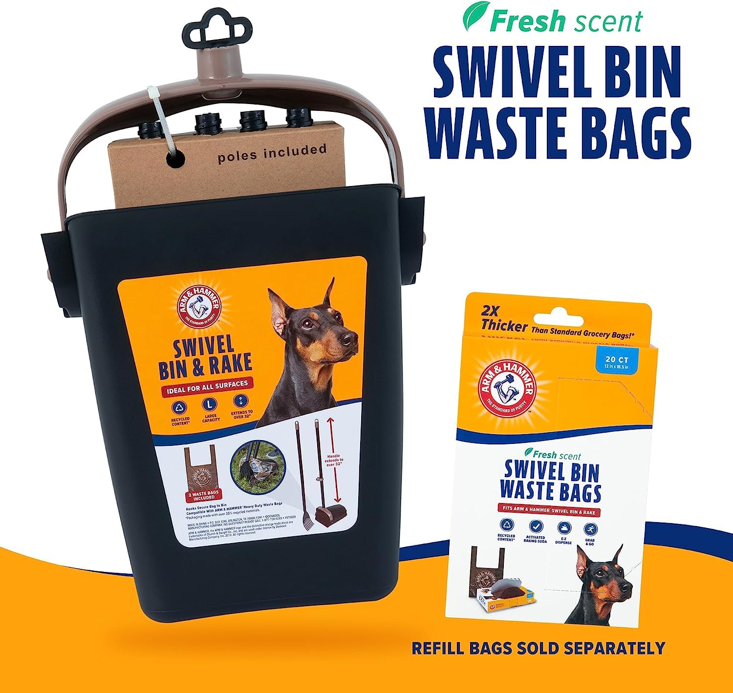 Arm & Hammer Dog Pooper Scooper Swivel Bin & Rake, Poop Scoop for Dogs, Black (2 Heavy Duty Scented Waste Bags Included)
