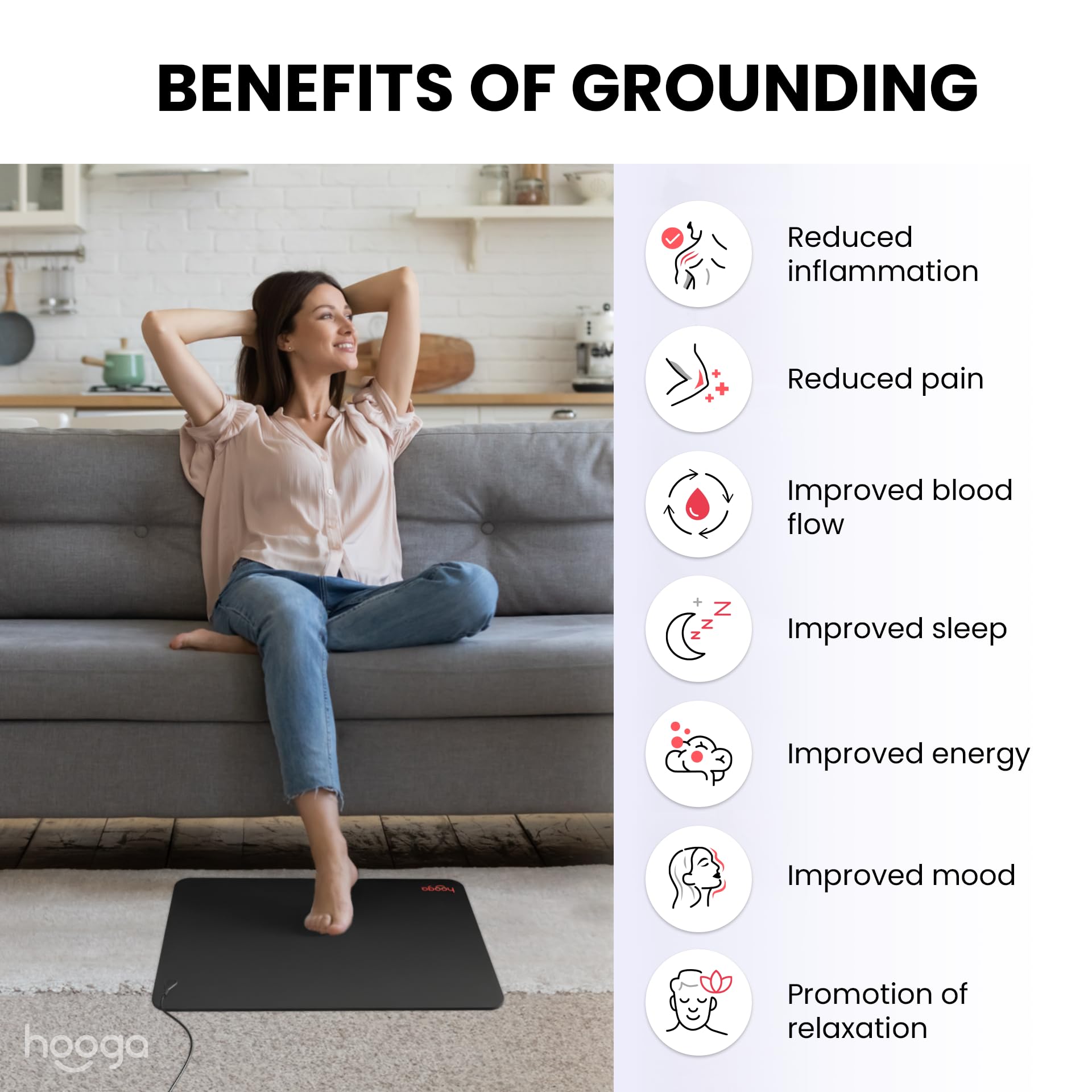 Hooga Grounding Mat for Sleep, Energy, Pain Relief, Inflammation, Balance, Wellness. Earth Connected Therapy. Indoor Grounding at Home, Office, Work. 15 Foot Cord Included. Conductive Carbon