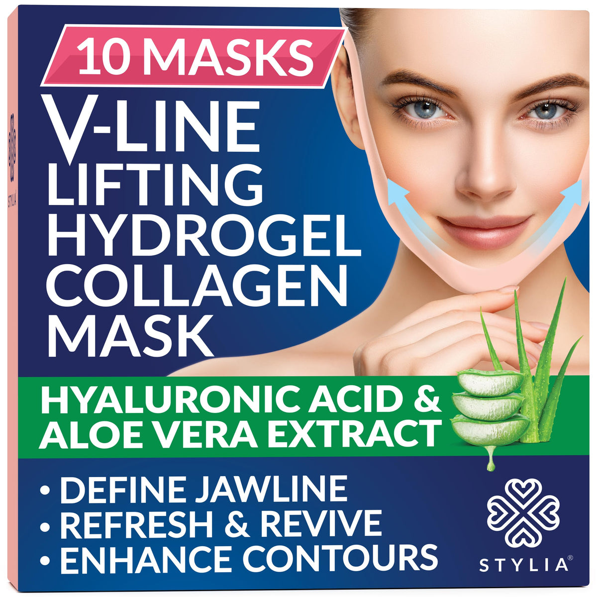 Stylia V-Line Lifting Collagen Face Mask with Hyaluronic Acid & Aloe Vera - Spa Quality Chin Strap - Jawline Shaper Collagen Mask - Face Masks Skincare - Chin Strap for Sleeping - 10PC