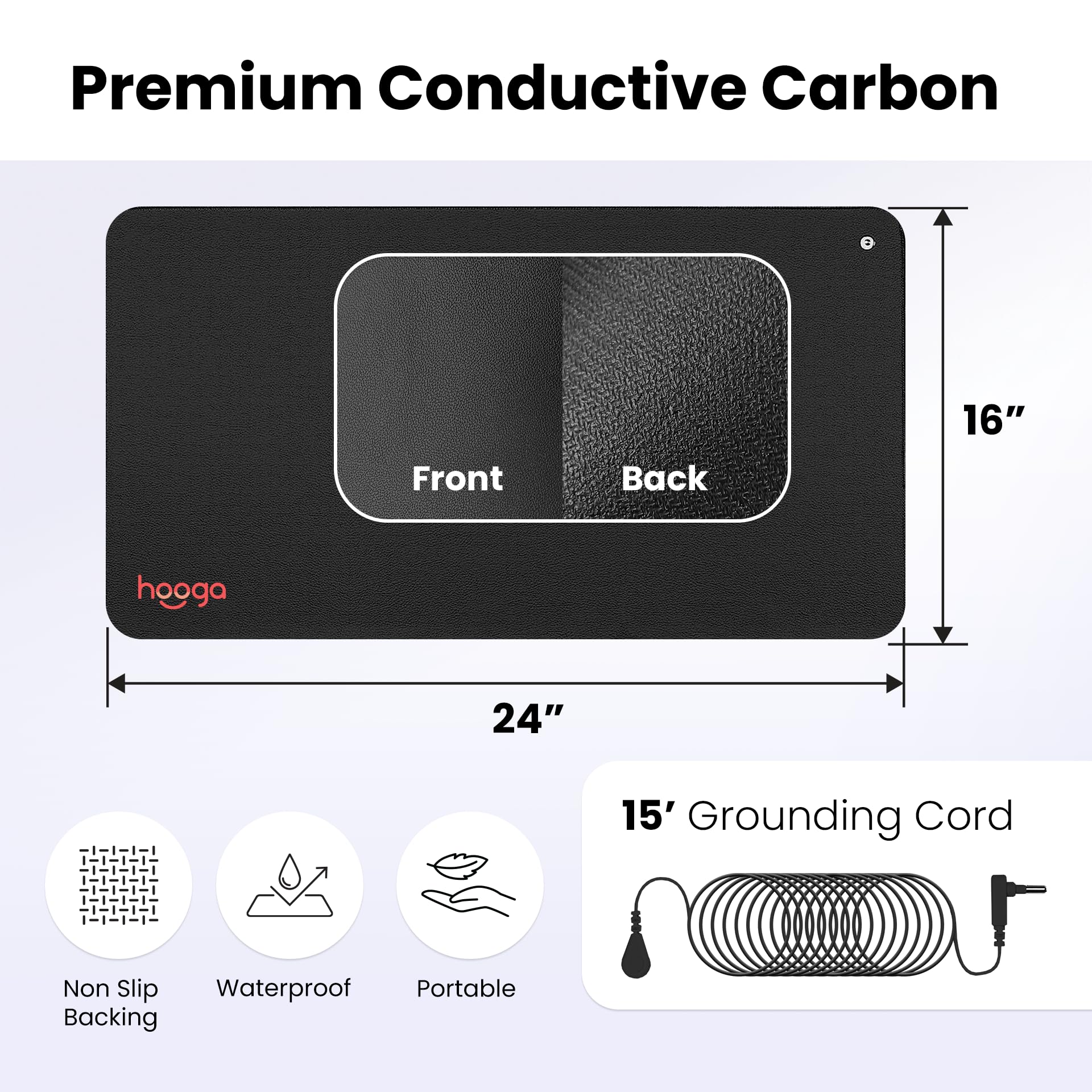 Hooga Grounding Mat for Sleep, Energy, Pain Relief, Inflammation, Balance, Wellness. Earth Connected Therapy. Indoor Grounding at Home, Office, Work. 15 Foot Cord Included. Conductive Carbon