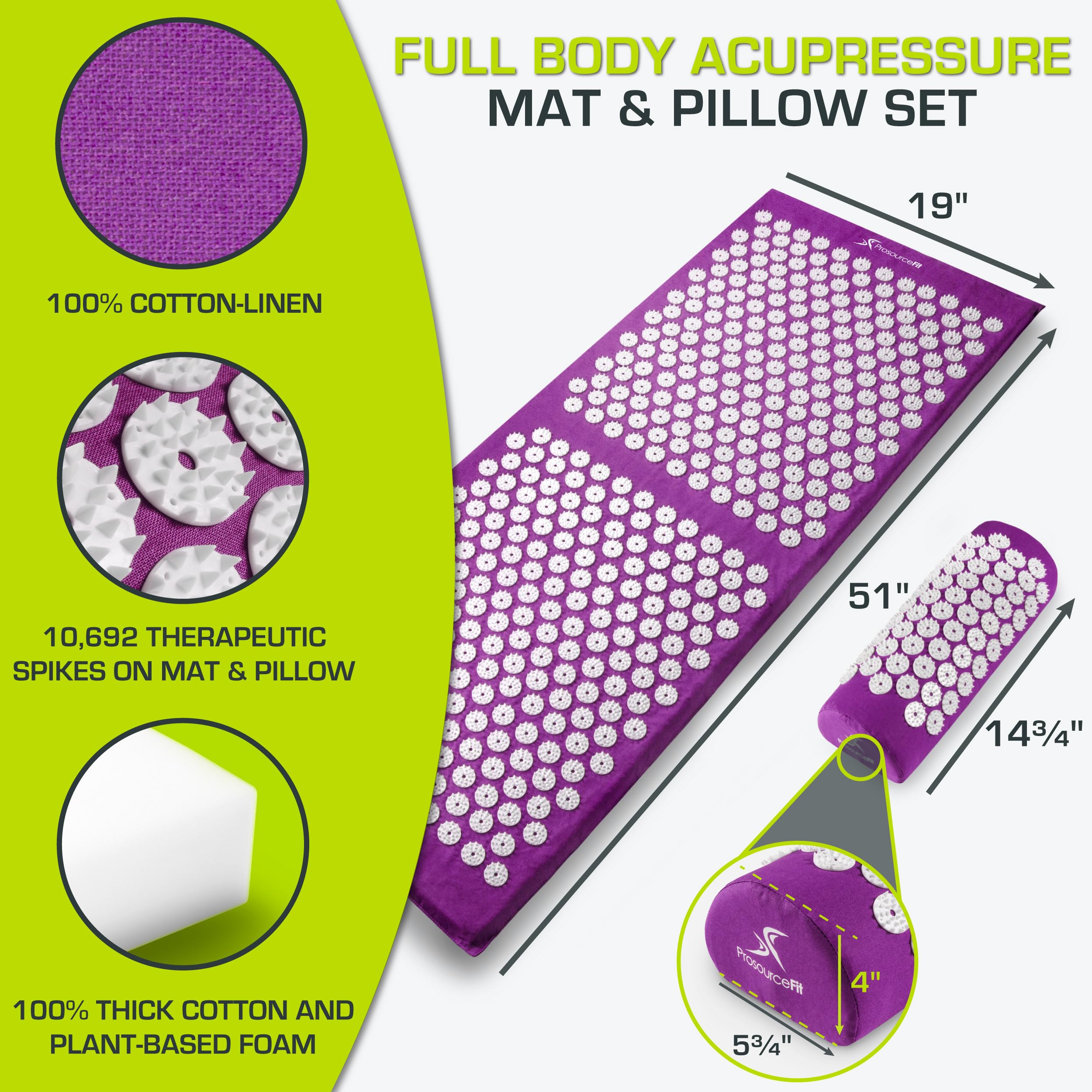 ProsourceFit Acupressure Mat and Pillow Set for Back/Neck Pain Relief and Muscle Relaxation, Purple