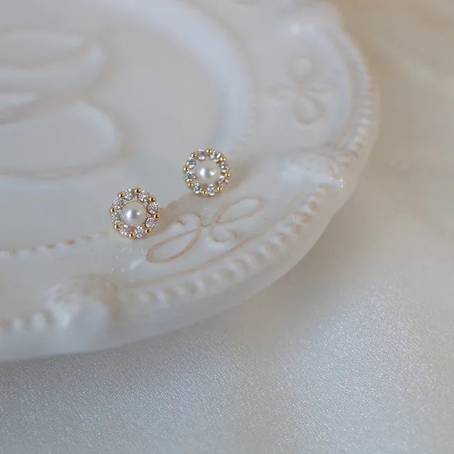 14K Gold Zircon Pearl Earrings